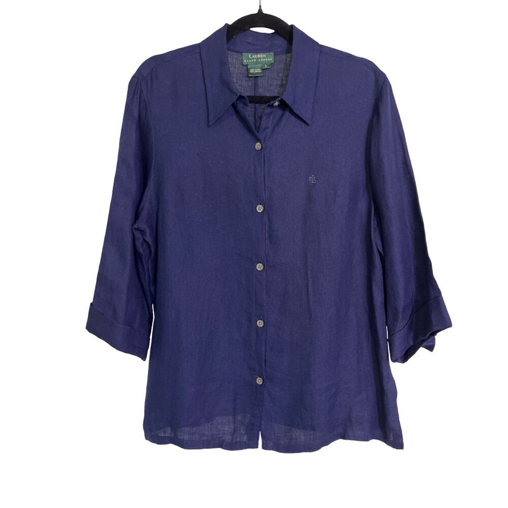 Lauren Ralph Lauren 100% Linen Herringbone Button Front Shirt Blue Women’s L